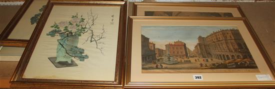 2 early prints of Rome watercolour & 2 Chinese paintings